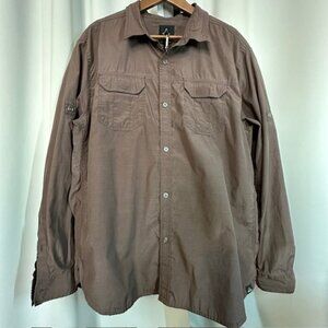 Prana Breathe Brown Long Sleeve Dress Shirt Roll Tab Sleeves Men's Size XL